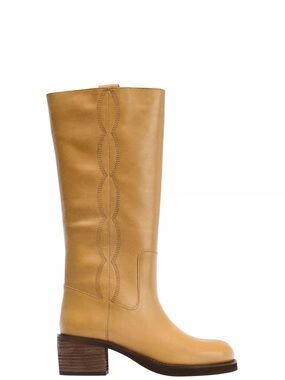 Leather Knee High Boots Tan Topstitched Block Heel Size 9 Minimal Classic